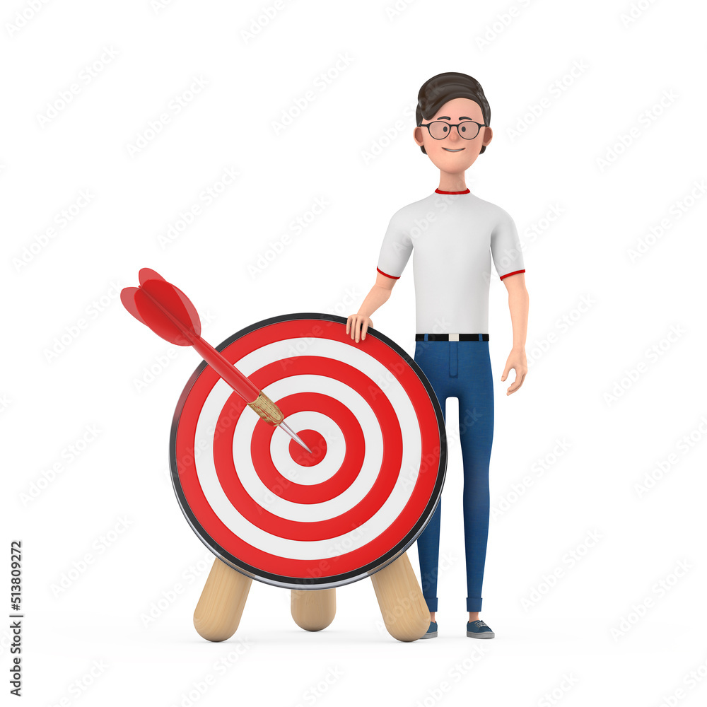 Fototapete cartoon character person man with archery target and dart in center. 3d rendering