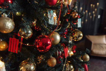 New year cozy home interior with christmas tree and garlands