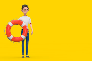 Cartoon Character Person Man with Life Buoy. 3d Rendering