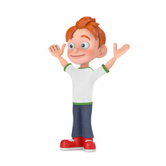 Cartoon Little Boy Teen Person Character Mascot with Hands Up. 3d Rendering