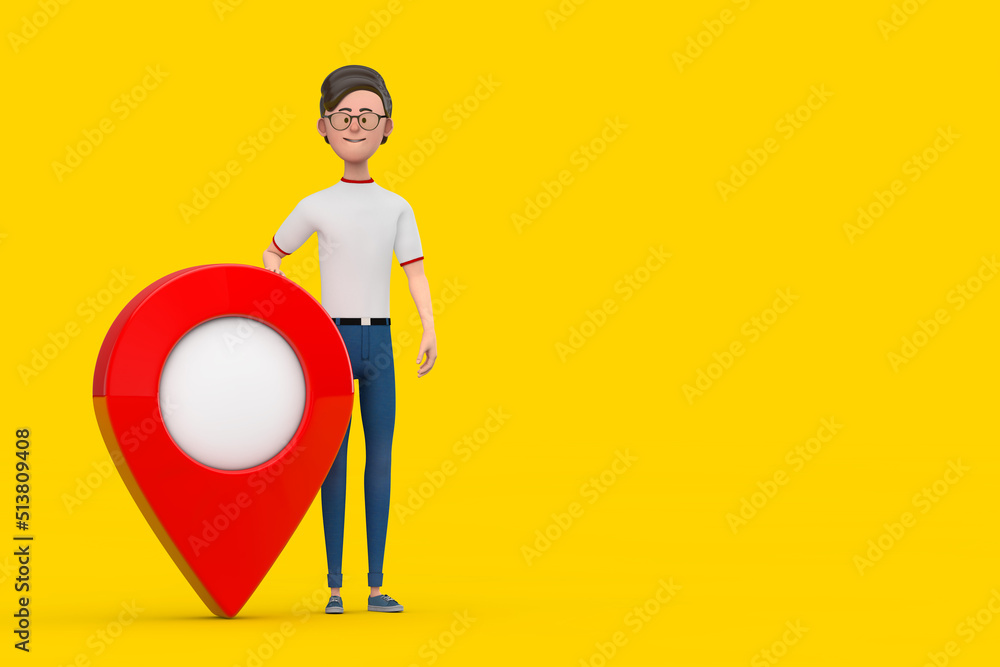 Poster cartoon character person man with red map pointer target pin. 3d rendering