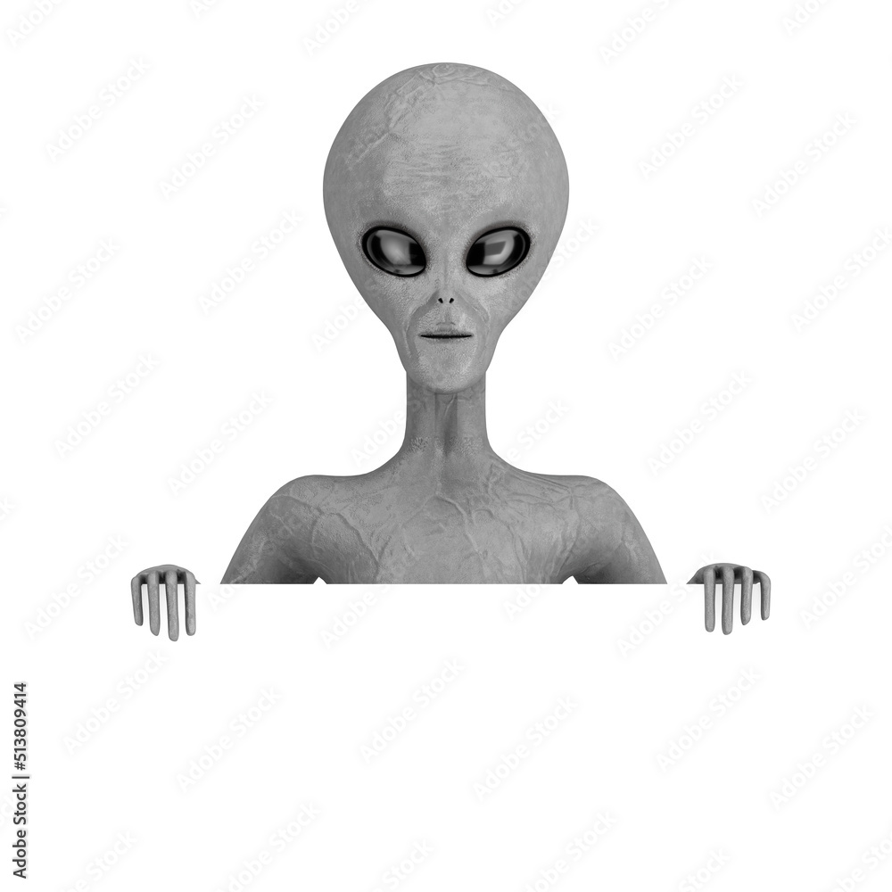 Aufkleber scary gray humanoid alien with blank presentation or information board. 3d rendering