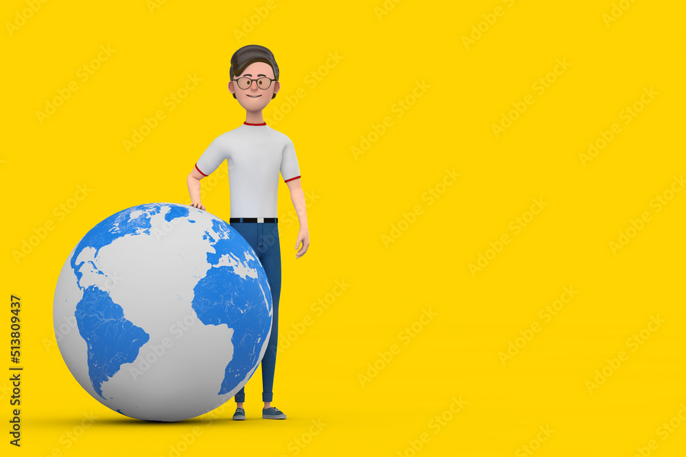 Aufkleber cartoon character person man with earth globe. 3d rendering