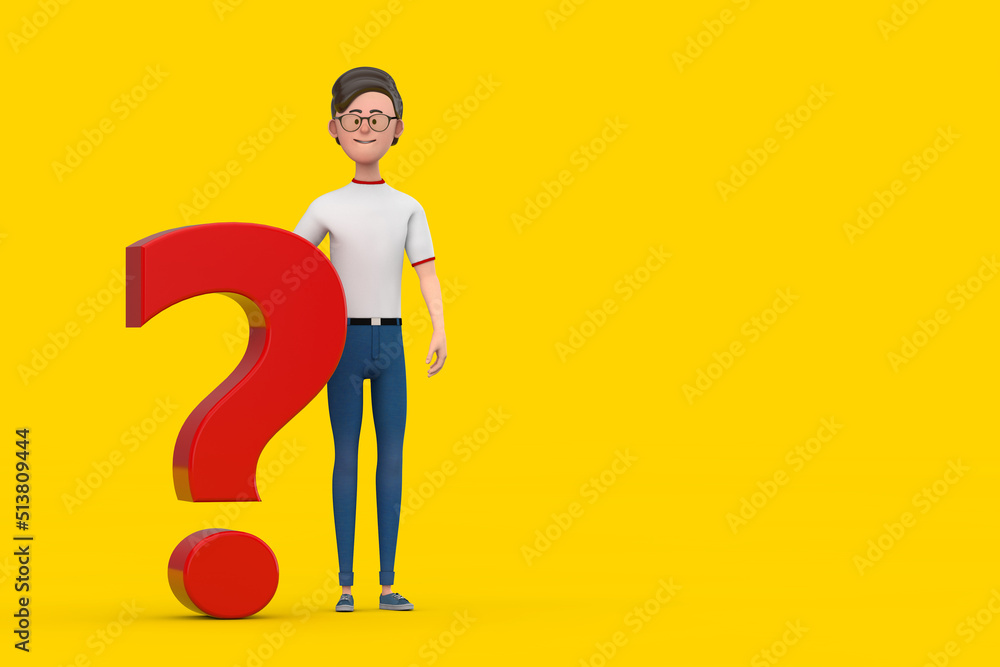 Poster cartoon character person man with red question mark sign. 3d rendering