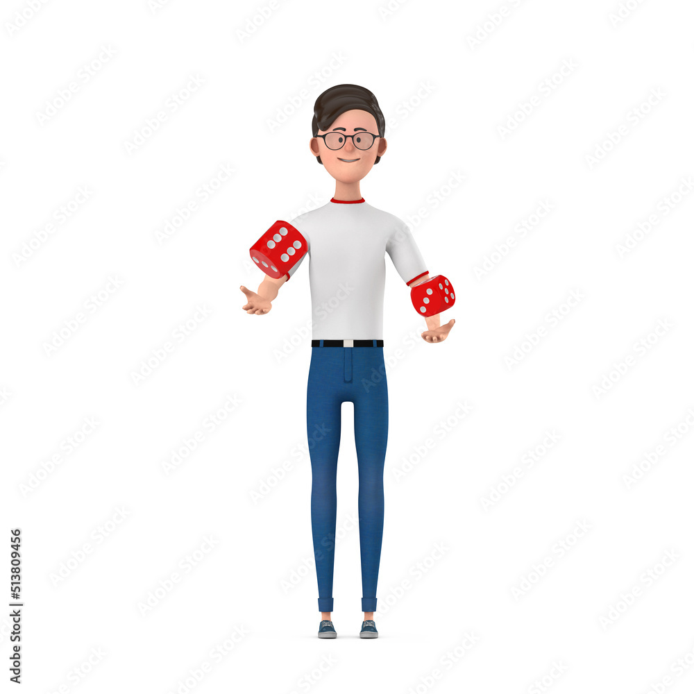 Leinwandbilder cartoon character person man with red game dice cubes in flight. 3d rendering