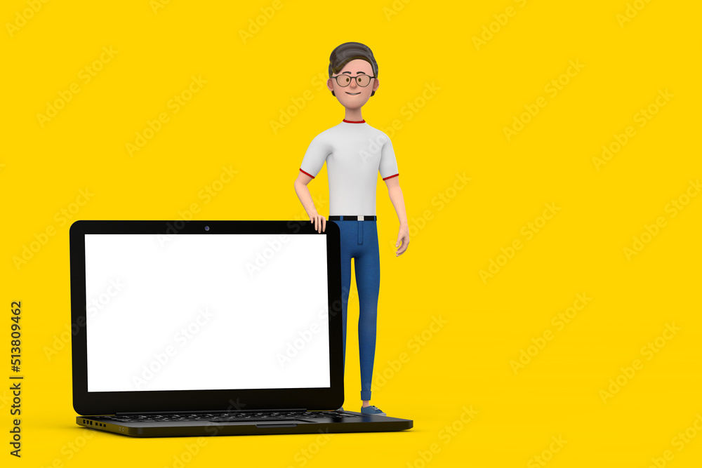 Poster cartoon character person man with modern laptop computer notebook and blank screen for your design. 