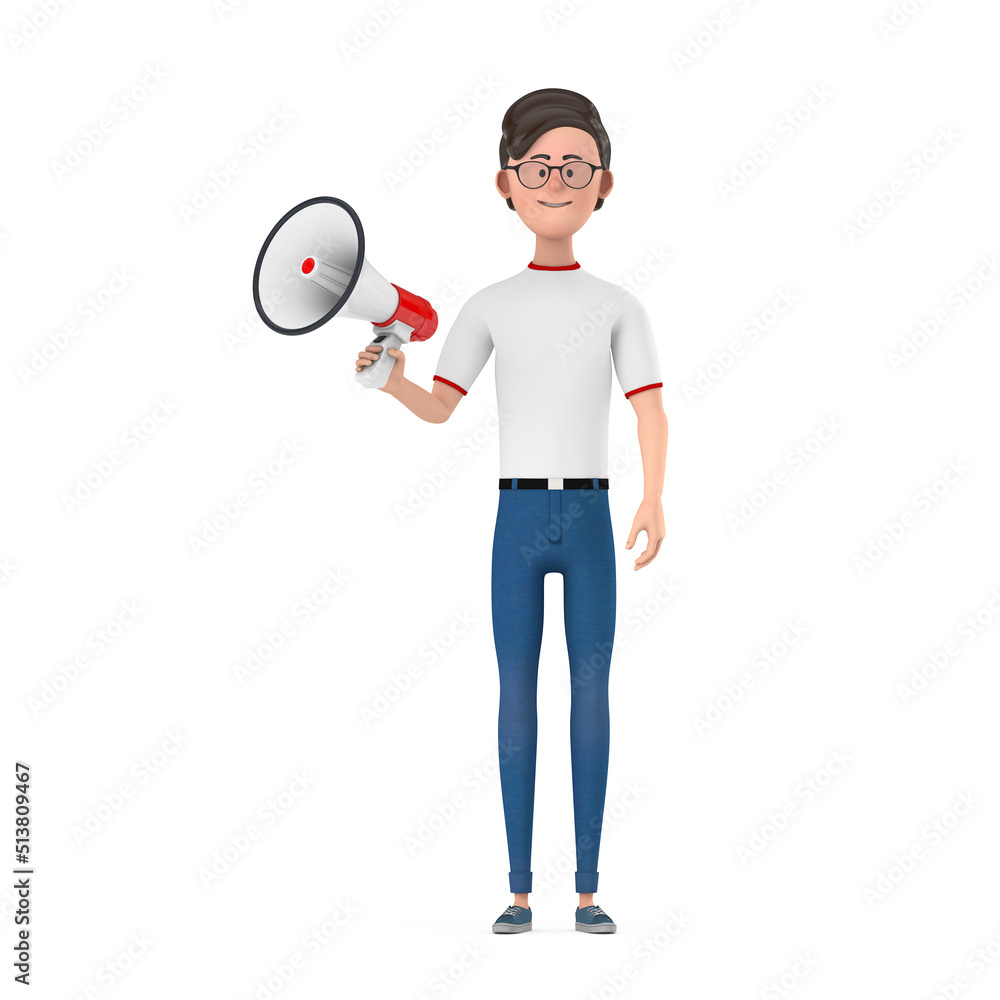 Poster cartoon character person man with red retro megaphone. 3d rendering