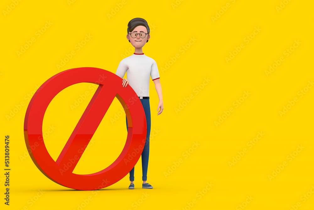 Aufkleber cartoon character person man with red prohibition or forbidden sign. 3d rendering