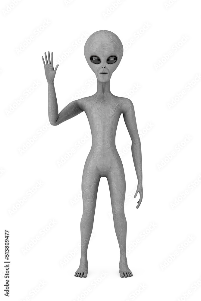 Poster scary gray humanoid alien saying hello and waving with hand. 3d rendering
