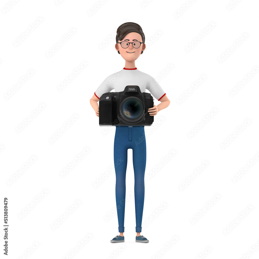 Poster cartoon character person man with modern digital photo camera. 3d rendering