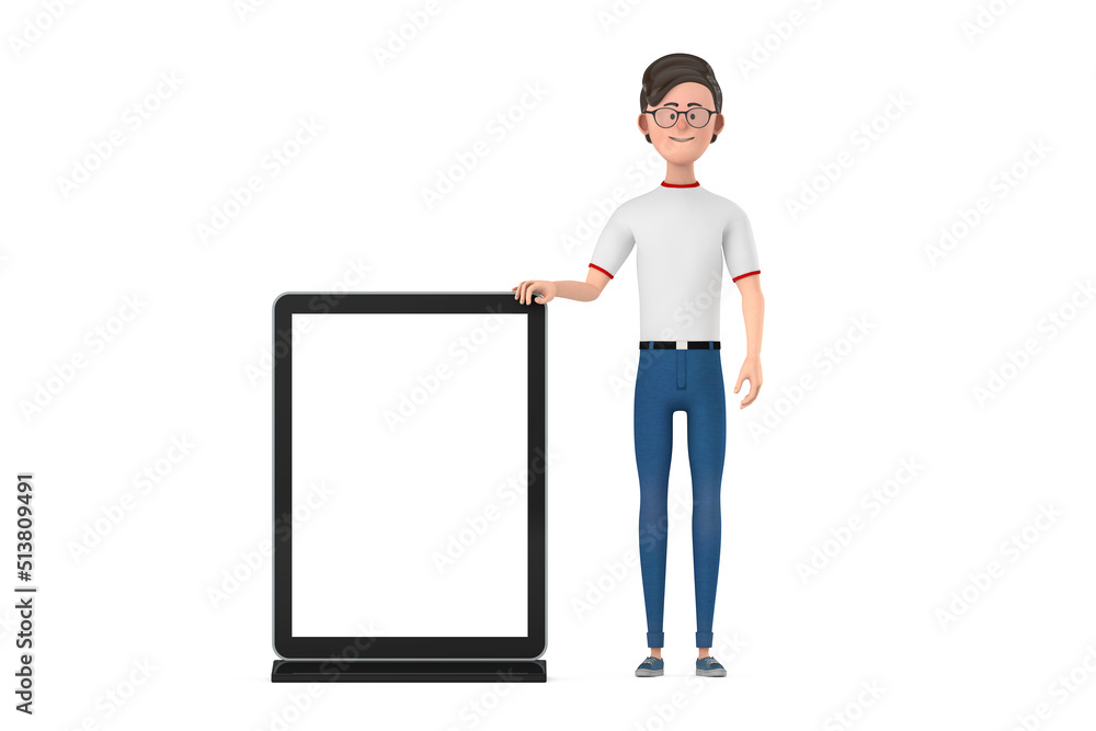 Poster cartoon character person man with blank trade show lcd screen display stand as template for your des