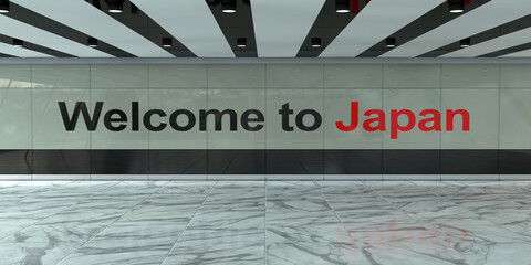 International Arrival Zone of Airport, Bus or Train Station Interior with Welcome To Japan Sign. 3d...