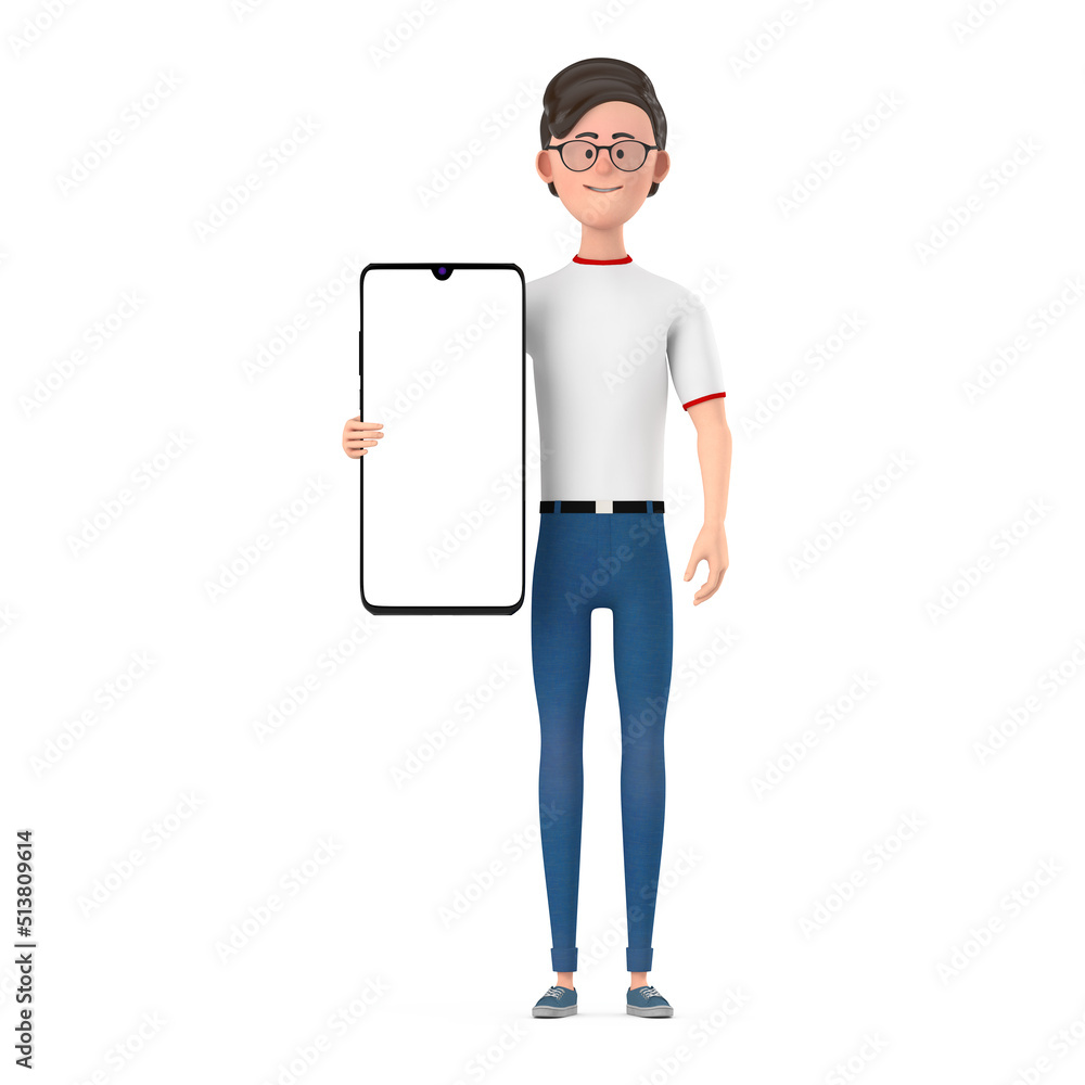 Poster cartoon character person man and modern mobile phone with blank screen for your design. 3d rendering