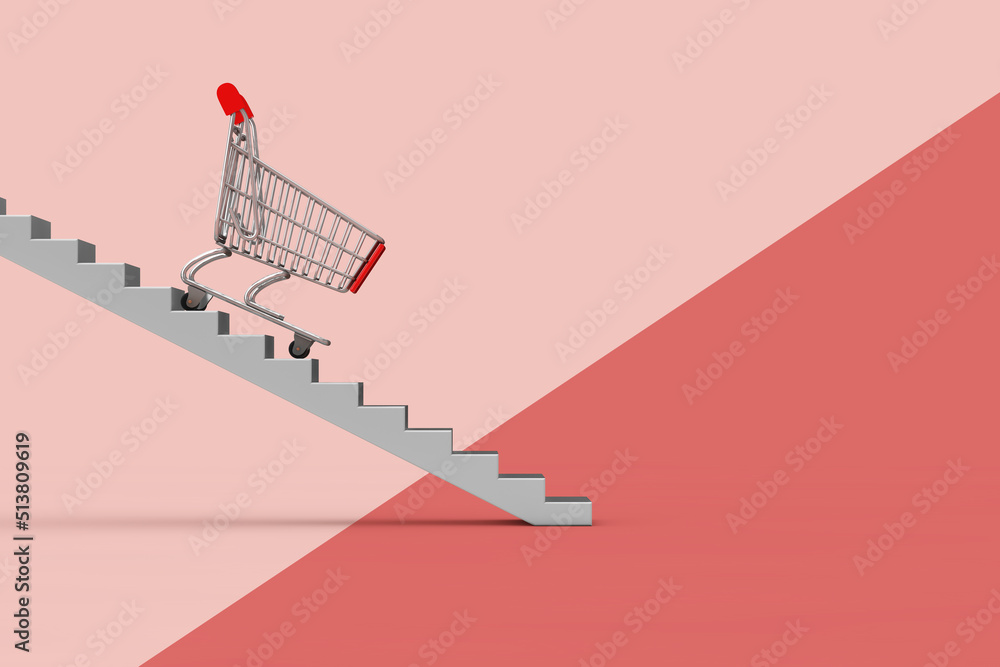 Poster Empty Shoppong Cart Trolley Going Down the Stairs. 3d Rendering
