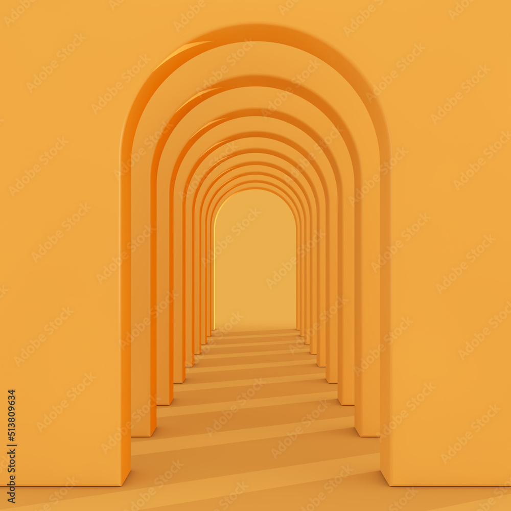 Poster architecture interior empty yellow walls arched pass. 3d rendering