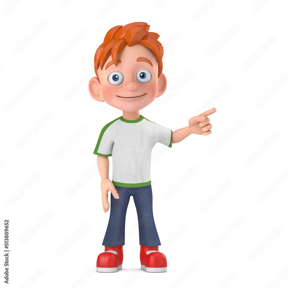 Poster cartoon little boy teen person character mascot points a finger at an empty place for your design. 3