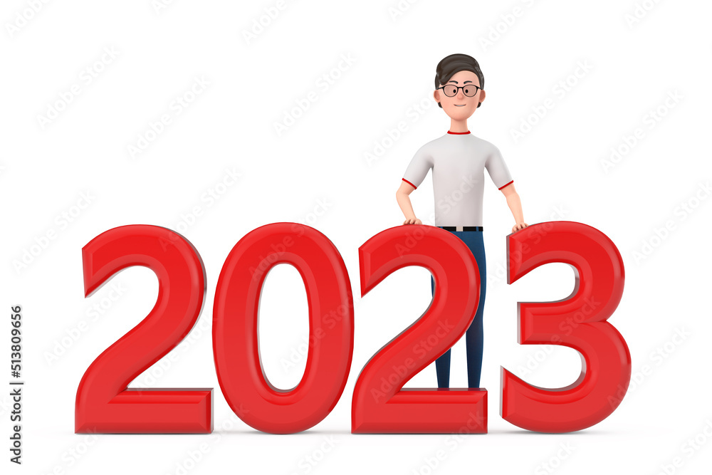 Aufkleber cartoon character person man with red 2023 new year sign. 3d rendering