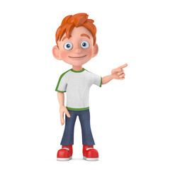 Cartoon Little Boy Teen Person Character Mascot Points a Finger at an Empty Place for Your Design. 3d Rendering