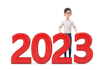 Cartoon Character Person Man with Red 2023 New Year Sign. 3d Rendering