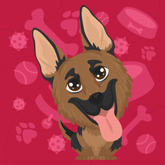 Isolated cute german shepherd dog character on a pet toys background Vector