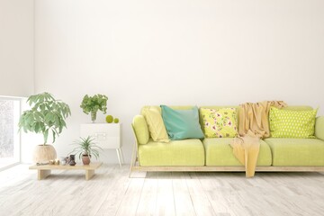 White living room with sofa. Scandinavian interior design. 3D illustration