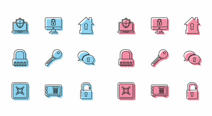 Set line Safe, Laptop protected with shield, Open padlock, Key, Protection of personal data, combination and Lock computer monitor screen icon. Vector