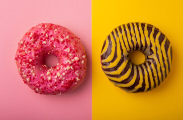 Donuts on a yellow and pink background.Chocolate and strawberry donut with yellow and pink icing on a paper background.Colorful minimalism concept.Junk food.Sweets.Copy space.Flat lay.Place for text.