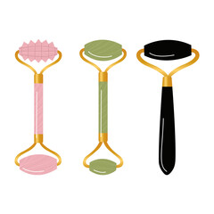 Big set of different gua sha stones and rollers are made of obsidian, quartz, jade. Facial gua sha massage tools. Home beauty routine. Hand drawn vector illustration isolated on white background.