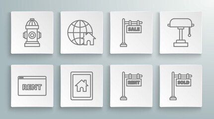 Fototapeta premium Set line Hanging sign with text Online Rent, Globe house symbol, Tablet and smart home, Sold, Sale, lamp and Fire hydrant icon. Vector