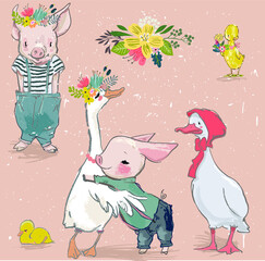 Obraz na płótnie Canvas Set with cute pig and goose
