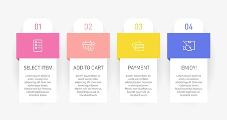 Concept of shopping process with 4 successive steps. Four colorful graphic elements. Timeline design for brochure, presentation, web site. Infographic design layout.