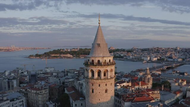 Aerial view of Galata Tower in Istanbul. 4K Footage in Turkey