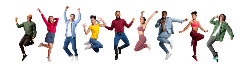 Group of joyful multicultural young people jumping over white background,