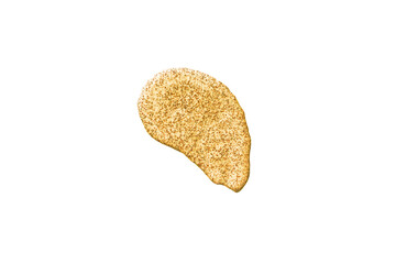 Face gold scrub creamy texture. Yellow natural cosmetic exfoliation cleanser smear smudge isolated on white. Facial mask sample. Spa treatment, skin care routine