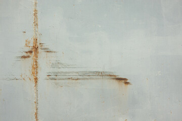 Fragment of an old gray metal wall. There is a stripe of wear with rust. The vertical weld is visible. Background. Texture.