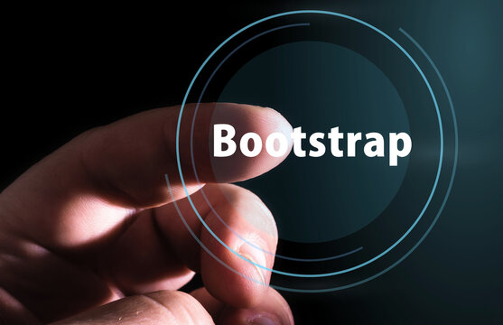 Hand pressing Bootstrap button on virtual screen. CSS framework 
