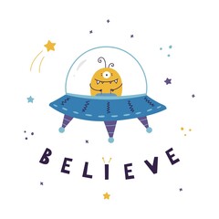cute kids UFO space print with flying ship and alien with 