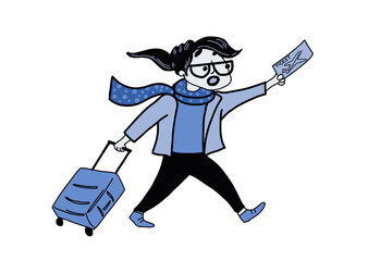 A girl with a ticket and a suitcase hurry to the airport departure for a flight. Vector illustration
