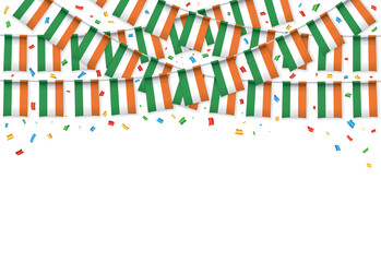 Ireland flag garland white background with confetti, Hang bunting for Irish independence Day celebration template banner, Vector illustration © dezignmart