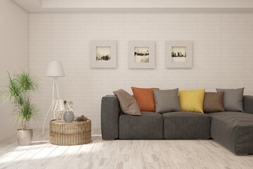 White living room with sofa. Scandinavian interior design. 3D illustration