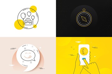 Minimal set of Puzzle, Yummy smile and Cake line icons. Phone screen, Quote banners. Travel compass icons. For web development. Human with puzzle, Emoticon, Birthday party. Trip destination. Vector