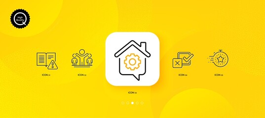 Winner, Checkbox and Timer minimal line icons. Yellow abstract background. Instruction manual, Work home icons. For web, application, printing. Best results, Survey choice, Deadline management. Vector