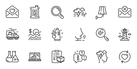 Fototapeta premium Outline set of Parcel checklist, Oil barrel and Search text line icons for web application. Talk, information, delivery truck outline icon. Vector