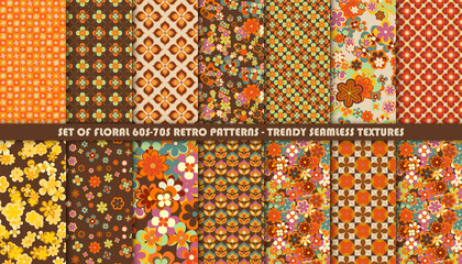 Set of colorful retro patterns. Vector trendy backgrounds in 70s style. Abstract modern geometric and floral ornaments, vintage backgrounds - 513813675