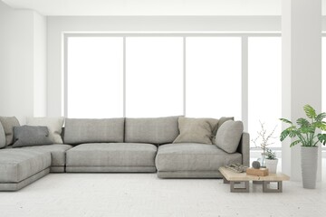 Modern living room in white color with sofa. Scandinavian interior design. 3D illustration