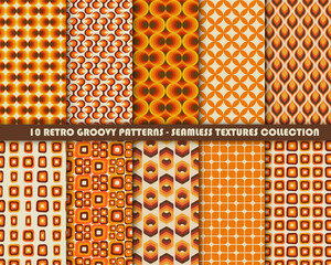 Set of colorful retro patterns. Vector trendy backgrounds in 70s style. Abstract modern geometric ornaments, vintage backgrounds