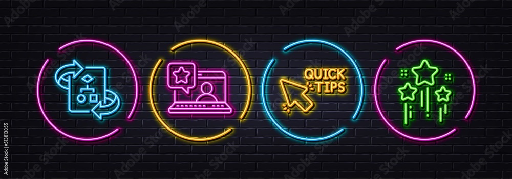 Poster technical algorithm, online rating and quick tips minimal line icons. neon laser 3d lights. stars ic