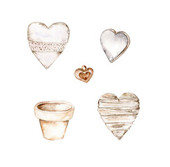 Hand drawn set of wooden hearts and clay pot