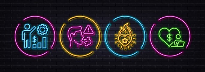 Heart flame, Cough and Employees wealth minimal line icons. Neon laser 3d lights. Volunteer icons. For web, application, printing. Love fire, Flu symptom, Results chart. Social care. Vector
