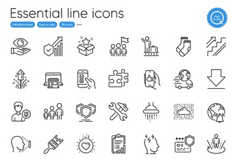 Mobile survey, Shower and Security statistics line icons. Collection of Loyalty program, Shields, Checklist icons. Luggage belt, Stress, Cloud system web elements. Brush, Fireworks, Stairs. Vector